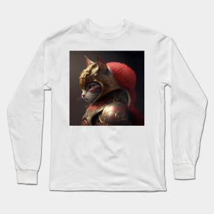 Samurai Cat Wearing Red and Gold Armor Long Sleeve T-Shirt